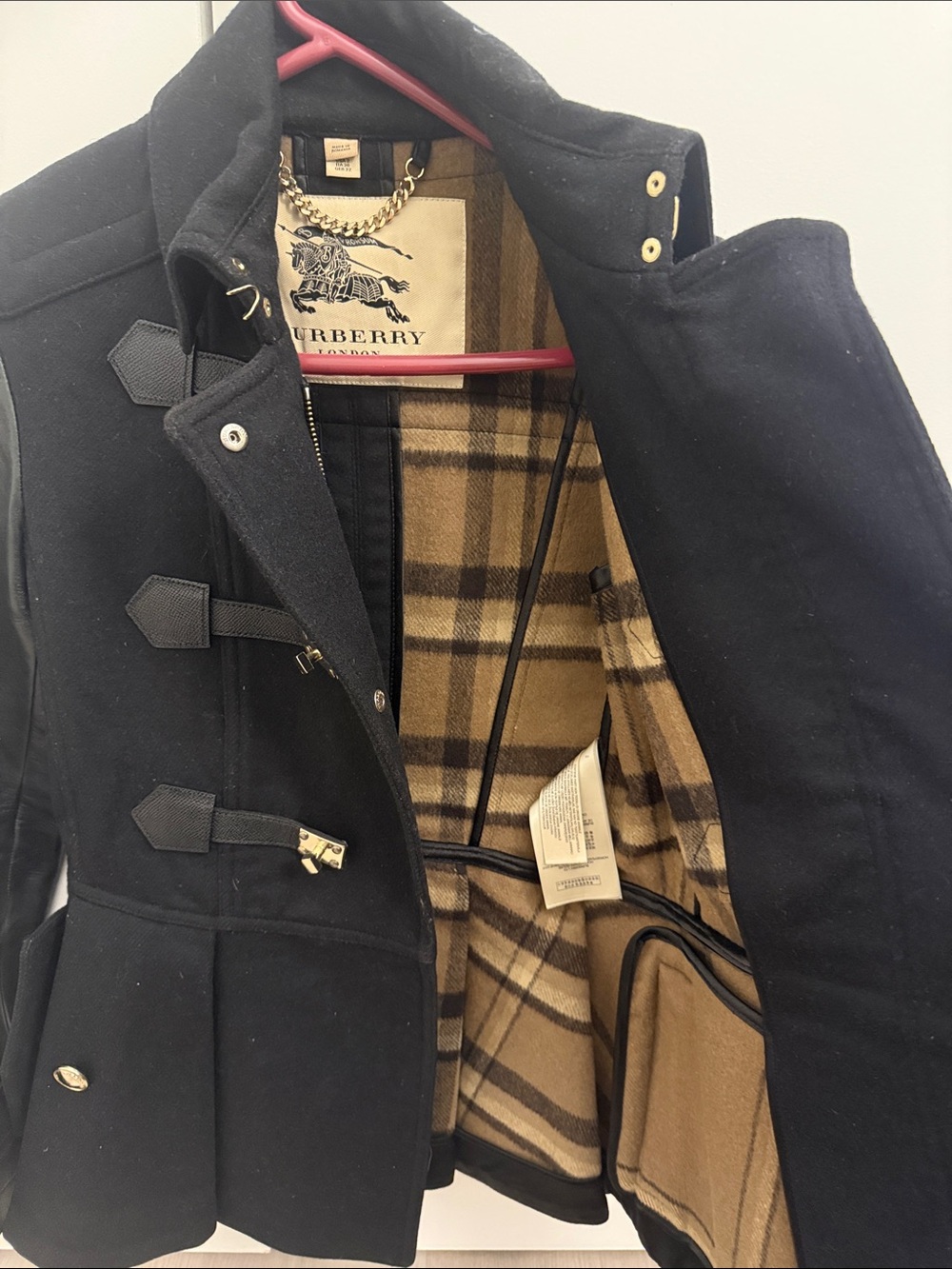 Burberry Black Wool Pea Coat with Leather Sleeves - Picture 4 of 4